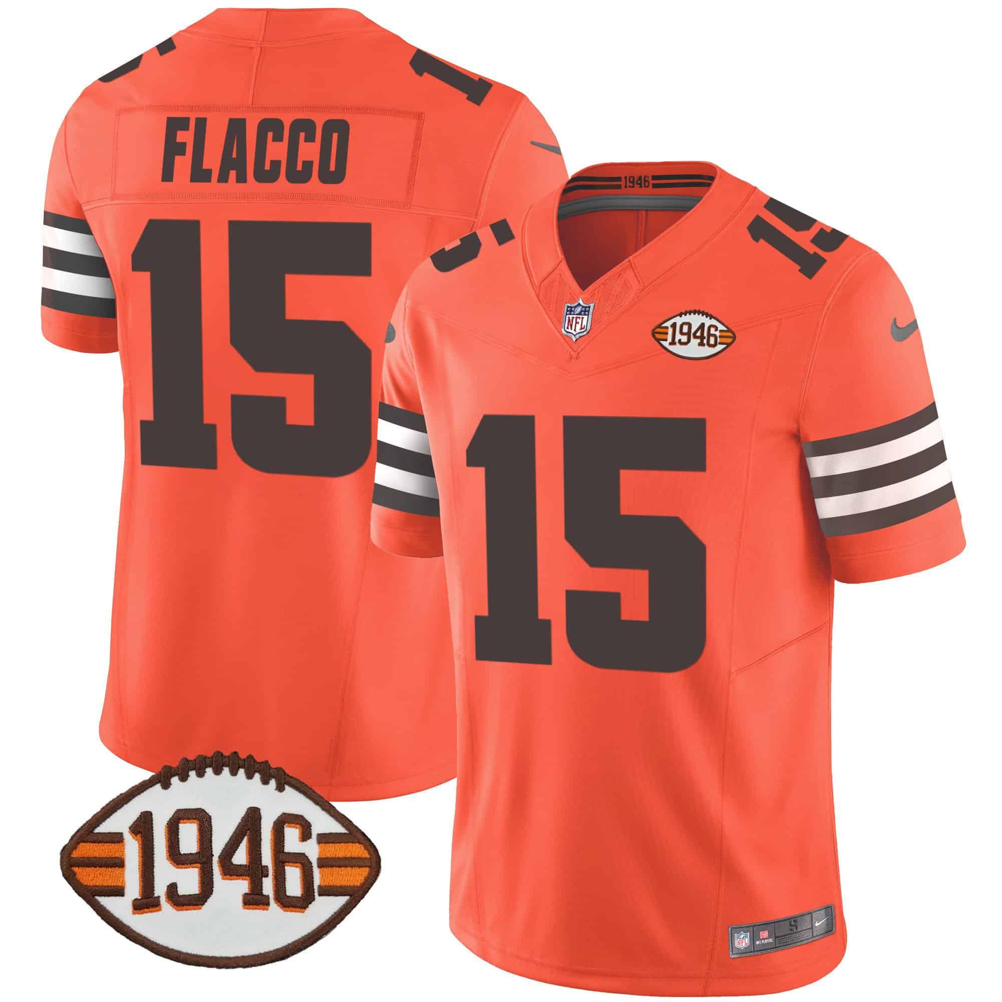 Men Cleveland Browns #15 Flacco Orange 1946 75th Anniversary Patch 2024 Nike NFL Jersey